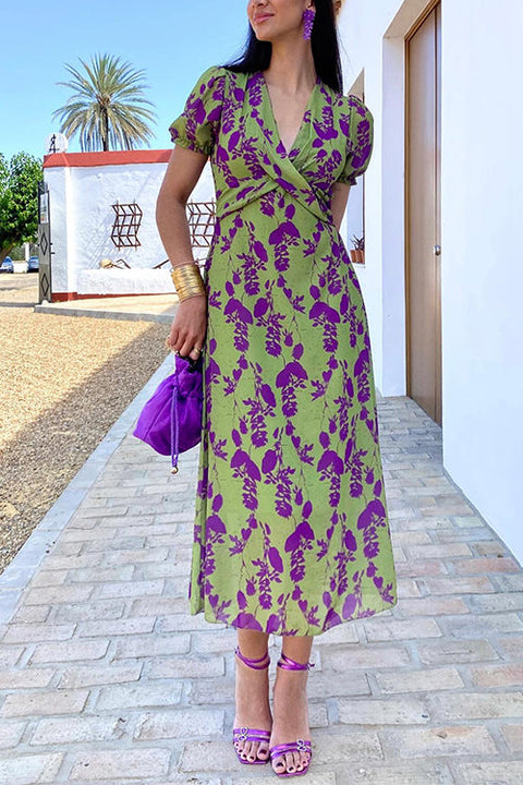 Camilladress Cross V Neck Balloon Sleeves Printed Midi Dress