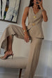 Camilladress V Neck Button Up Vest Top and Slit Wide Leg Pants Linen Suit Set