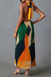 Camilladress Halter Backless Color Block Printed Maxi Pleated Dress