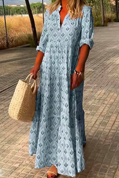 Camilladress V Neck Long Sleeves Tiered Printed Maxi Dress