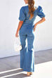 Camilladress V Neck Puff Sleeve Cut Out Bell Bottoms Denim Jumpsuit