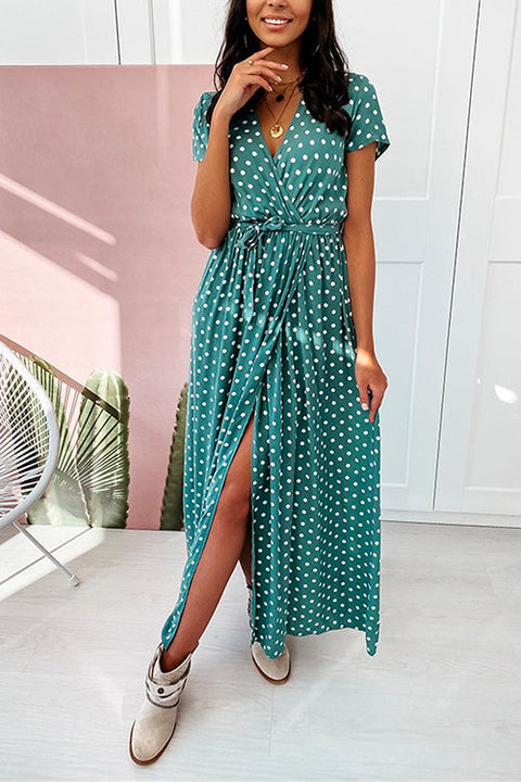 Camilladress V Neck Tie Waist Polka Dot Maxi Wrapped Dress