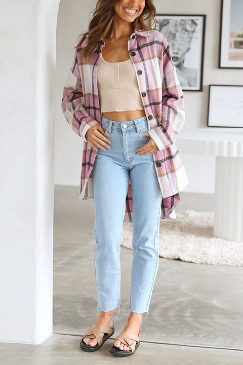 Camilladress Curve Hem Color Block Plaid Shacket Jacket