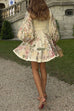 Camilladress V Neck Lantern Sleeves Floral Print A-line Mini Dress