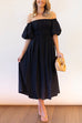 Camilladress Off Shoulder Puff Sleeves Frilled Waist Midi Swing Dress