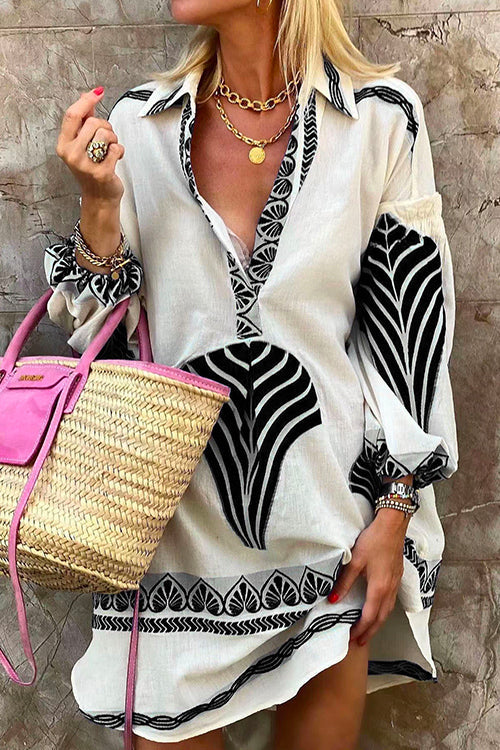 Camilladress Lapel V Neck Long Sleeve Printed Shirt Dress