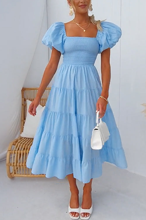 Camilladress Off Shoulder Puff Sleeves Ruffle Tiered Midi Dress