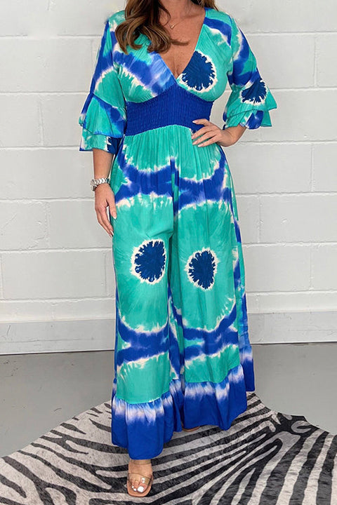 Camilladress V Neck Bell Sleeves Smocked Waist Wide Leg Printed Jumpsuit