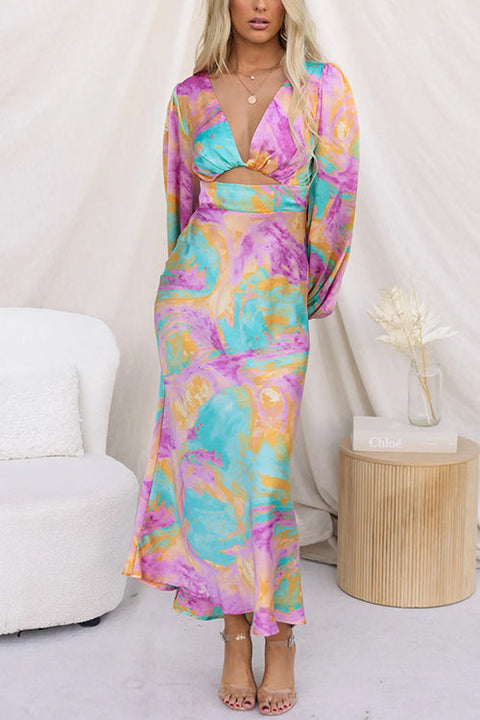 V Neck Long Sleeves Cut Out Printed Maxi Dress