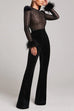 Camilladress Feather Cuffs Bell Bottom Velvet Splice Jumpsuit