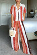 Camilladress Striped Short Sleeves Button Down Shirt Wide Leg Pants Set