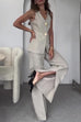 Camilladress V Neck Button Up Vest Top and Slit Wide Leg Pants Linen Suit Set