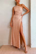 One Shoulder Drawstring Cut out High Slit Sequin Maxi Dress