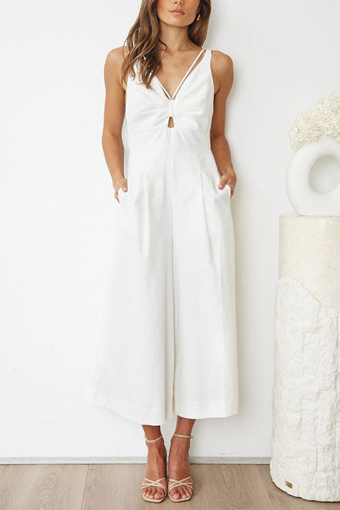 Camilladress Ruched V Neck Cut Out Sleeveless Wide Leg Jumpsuit