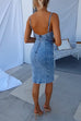 V Neck Backless Slit Denim Bodycon Cami Dress