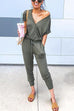 Camilladress V Neck Tie Waist Solid Jumpsuit with Pockets