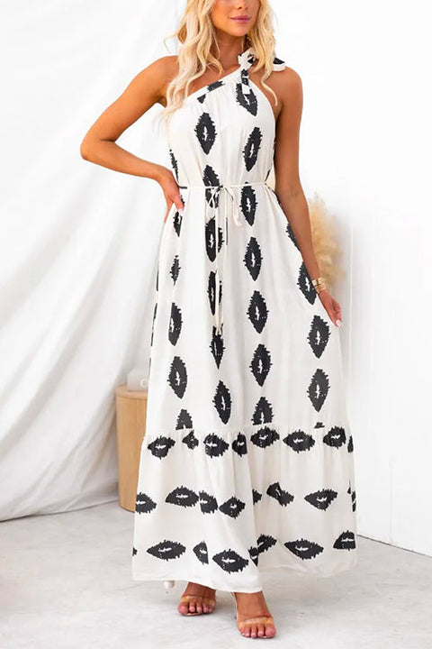 Camilladress Bow Knot One Shoulder Printed Ruffle Maxi Dress