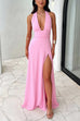 Camilladress Deep V Neck Halter Tie Knot Backless Slit Maxi Dress