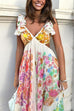 Camilladress V Neck Open Back Ruffle Trim Color Block Floral Maxi Holiday Dress