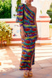 One Shoulder Puff Sleeve Side Split Rainbow Maxi Holiday Dress