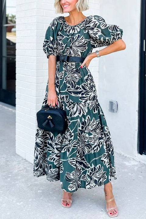 Off Shoulder Puff Sleeve Ruffle Swing Print Maxi Dress