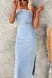 Strapless Tube Side Split Stretchy Denim Maxi Dress