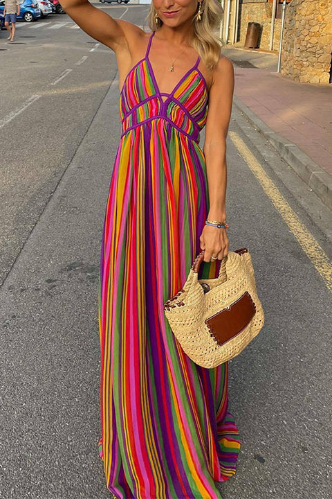 Camilladress V Neck Backless Rainbow Stripes Cami Maxi Holiday Dress