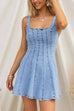 Adjustable Strap Square Neck A-line Denim Mini Dress