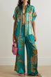 Camilladress Roll Up Short Sleeves Shirt and Wide Leg Pants Printed Satin Set