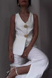 Camilladress V Neck Button Up Vest Top and Slit Wide Leg Pants Linen Suit Set