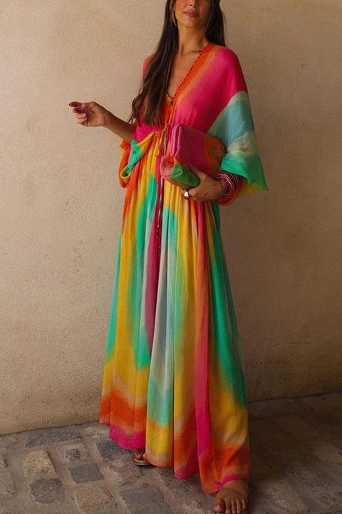 Camilladress V Neck Balloon Sleeves Rainbow Gradient Maxi Swing Dress