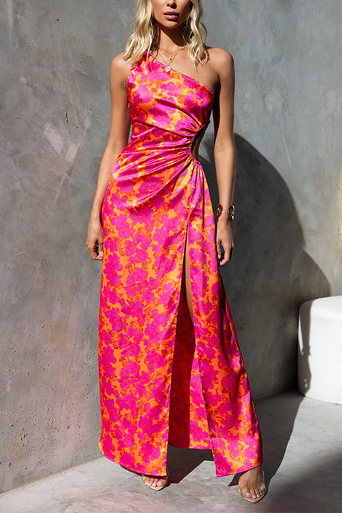 One Shoulder Ruched Cut Out High Slit Printed Maxi Dress