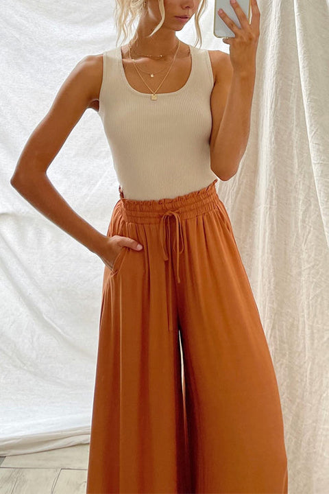 Solid Drawstring Elastic Waist Wide Leg Palazzo Pants