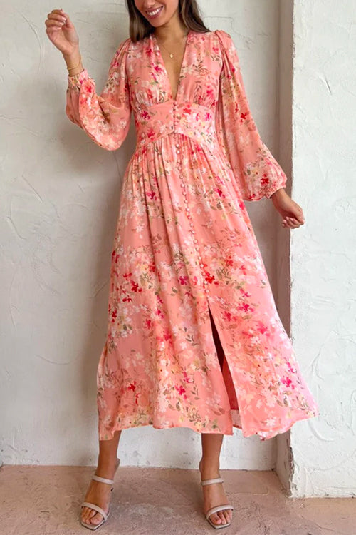 Camilladress V Neck Button Up Waisted Floral Midi Swing Dress