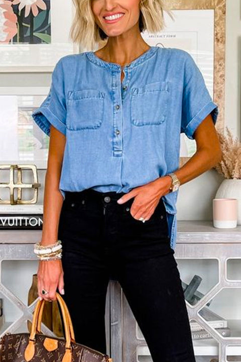 Short Sleeves Button Up Chambray Top