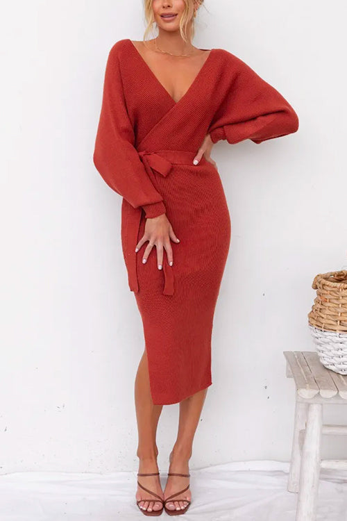 Camilladress Wrap V Neck Side Split Tie Waist Midi Sweater Dress