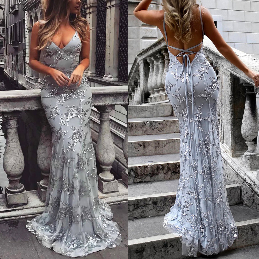 Camilladress Sequin V Neck Backless Maxi Cami Mermaid Party Dress