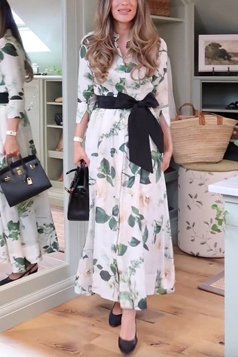 3/4 Sleeves Bow Waist Button Down Printed Midi Dress