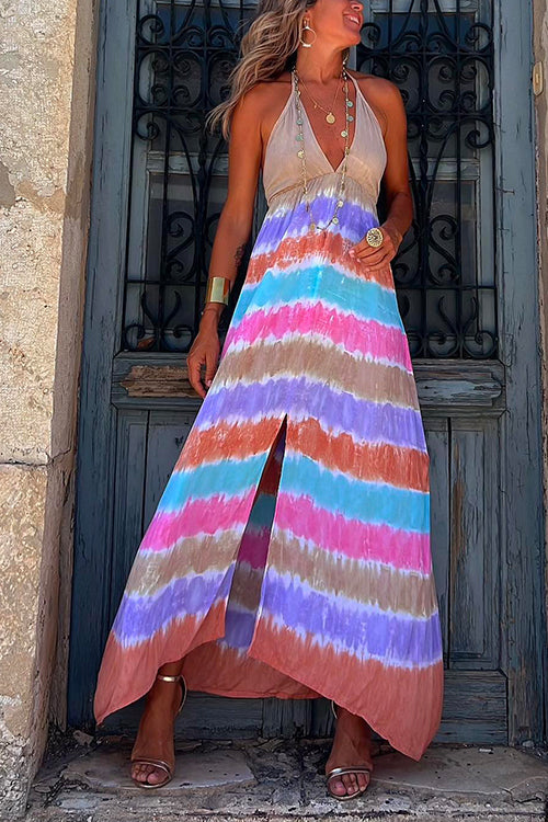 Camilladress Halter Deep V Neck Slit Tie Dye Maxi Cami Dress