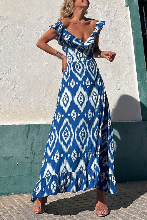 V Neck Waisted Boho Print Ruffle Maxi Dress