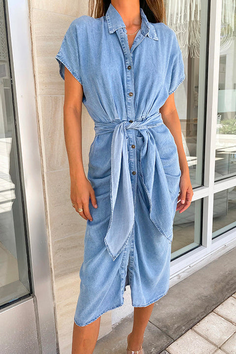 Camilladress Button Down Short Sleeve Tie Waist Ruched Denim Dress