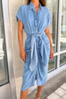 Camilladress Button Down Short Sleeve Tie Waist Ruched Denim Dress