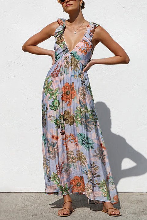 Camilladress Sleeveless V Neck Floral Print Maxi Holiday Dress