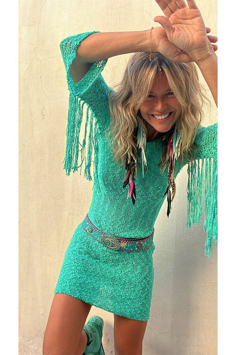 Round Neck Tassel Sleeves Crochet Mini Dress