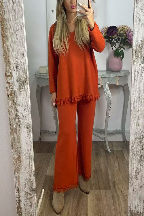 V Neck Long Sleeves Tassel Hem Pullover Wide Leg Pants Set