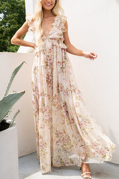 V Neck Ruffle Trim Bow Back Floral Print Flowy Maxi Dress