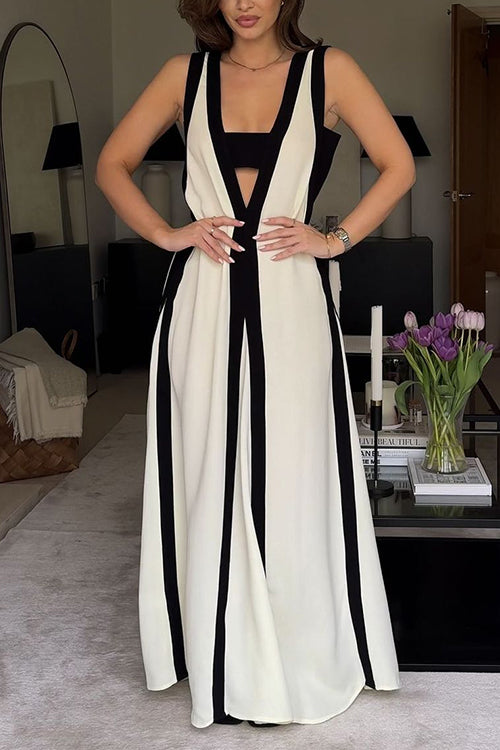 Camilladress Deep V Neck Sleeveless Color Block Maxi Swing Dress