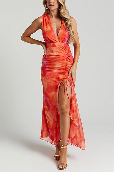 Sleeveless V Neck Drawstring Ruched Slit Print Maxi Dress