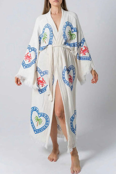 Camilladress Raw Hem Tie Waist Printed Beach Vacation Kimono Maxi Dress