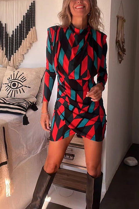 Mockneck Long Sleeves Printed Tulip Mini Dress